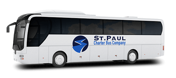 a plain white charter bus with a st. paul charter bus company logo on it